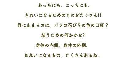 　あっちにも、こっちにも、 きれいになるためのものがたくさん!! 目に止まるのは、バラの花びらの色の口紅？ 装うための何かかな? 身体の内側、身体の外側、 きれいになるもの、たくさんあるね。