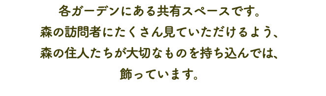 各ガーデンにある共有スペースです。 森の訪問者にたくさん見ていただけるよう、 森の住人たちが大切なものを持ち込んでは、 飾っています。