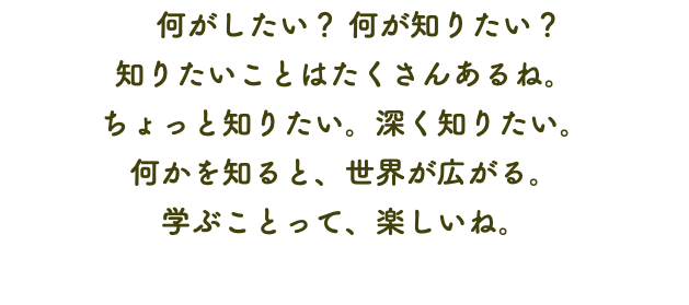 　何がしたい？ 何が知りたい？ 知りたいことはたくさんあるね。 ちょっと知りたい。深く知りたい。 何かを知ると、世界が広がる。 学ぶことって、楽しいね。