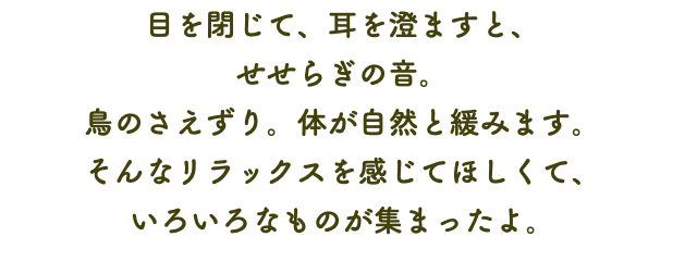 目を閉じて、耳を澄ますと、 せせらぎの音。 鳥のさえずり。体が自然と緩みます。 そんなリラックスを感じてほしくて、 いろいろなものが集まったよ。