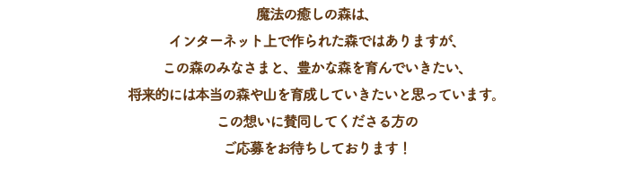 魔法の癒しの森は、 インターネット上で作られた森ではありますが、 この森のみなさまと、豊かな森を育んでいきたい、 将来的には本当の森や山を育成していきたいと思っています。 この想いに賛同してくださる方の ご応募をお待ちしております！