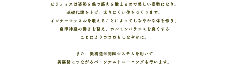 ピラティスは姿勢を保つ筋肉を鍛えるので美しい姿勢になり、 基礎代謝を上げ、太りにくい体をつくります。 インナーマッスルを鍛えることによってしなやかな体を作り、 自律神経の働きを整え、ホルモンバランスを良くする ことによりココロもしなやかに。 また、美構造®開脚システムを用いて 美姿勢につながるパーソナルトレーニングも行います。