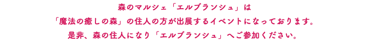 森のマルシェ「エルブランシュ」は 「魔法の癒しの森」の住人の方が出展するイベントになっております。 是非、森の住人になり「エルブランシュ」へご参加ください。