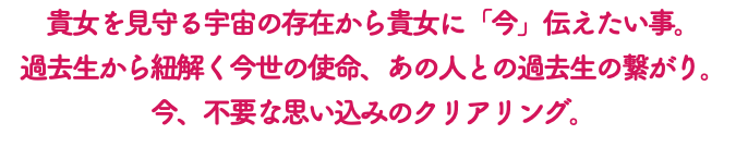 貴女を見守る宇宙の存在から貴女に「今」伝えたい事。 過去生から紐解く今世の使命、あの人との過去生の繋がり。今、不要な思い込みのクリアリング。