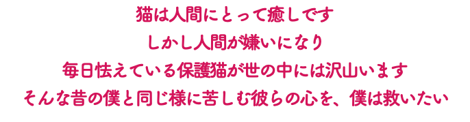 猫は人間にとって癒しです しかし人間が嫌いになり 毎日怯えている保護猫が世の中には沢山います そんな昔の僕と同じ様に苦しむ彼らの心を、僕は救いたい