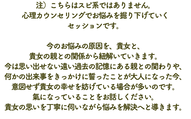 注）こちらはスピ系ではありません。 心理カウンセリングでお悩みを掘り下げていく セッションです。 今のお悩みの原因を、貴女と、 貴女の親との関係から紐解いていきます。 今は思い出せない遠い過去の記憶にある親との関わりや、 何かの出来事をきっかけに誓ったことが大人になった今、 意図せず貴女の幸せを妨げている場合が多いのです。 氣になっていることをお話しください。 貴女の思いを丁寧に伺いながら悩みを解決へと導きます。