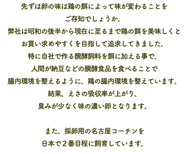 先ずは卵の味は鶏の餌によって味が変わることを ご存知でしょうか。 弊社は昭和の後半から現在に至るまで鶏の餌を美味しくと お買い求めやすくを目指して追求してきました。 特に自社で作る醗酵飼料を餌に加える事で、 人間が納豆などの醗酵食品を食べることで 腸内環境を整えるように、鶏の腸内環境を整えています。 結果、えさの吸収率が上がり、 臭みが少なく味の濃い卵となります。 また、採卵用の名古屋コーチンを 日本で２番目程に飼育しています。