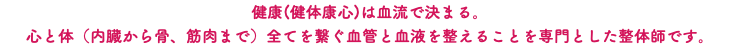 健康(健体康心)は血流で決まる。 心と体（内臓から骨、筋肉まで）全てを繋ぐ血管と血液を整えることを専門とした整体師です。
