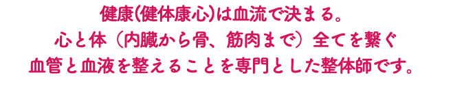 健康(健体康心)は血流で決まる。 心と体（内臓から骨、筋肉まで）全てを繋ぐ 血管と血液を整えることを専門とした整体師です。