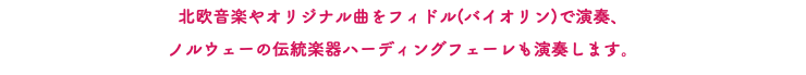 北欧音楽やオリジナル曲をフィドル(バイオリン)で演奏、 ノルウェーの伝統楽器ハーディングフェーレも演奏します。