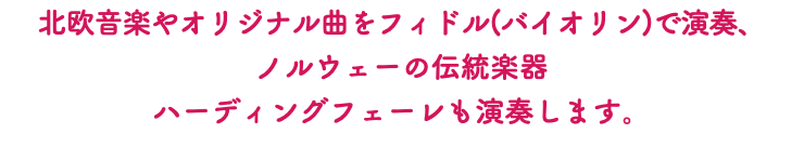 北欧音楽やオリジナル曲をフィドル(バイオリン)で演奏、 ノルウェーの伝統楽器 ハーディングフェーレも演奏します。